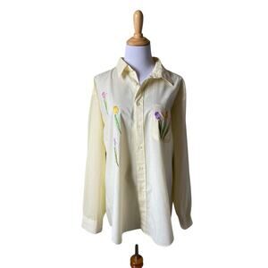 Vintage Las Olas Embroidered Floral Yellow & White Striped Button-Up Shirt